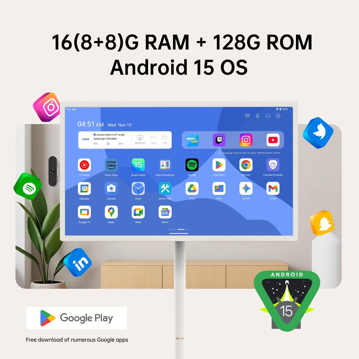 ApoloSign 32 inch FHD Smart Portable TV Gen2, 16G +128G Storage, Android OS, 15000mAh, Rolling TV on Wheels with Rotatable Touch Screen, Built-in Battery, Full Swivel Rotation, Voice Remote