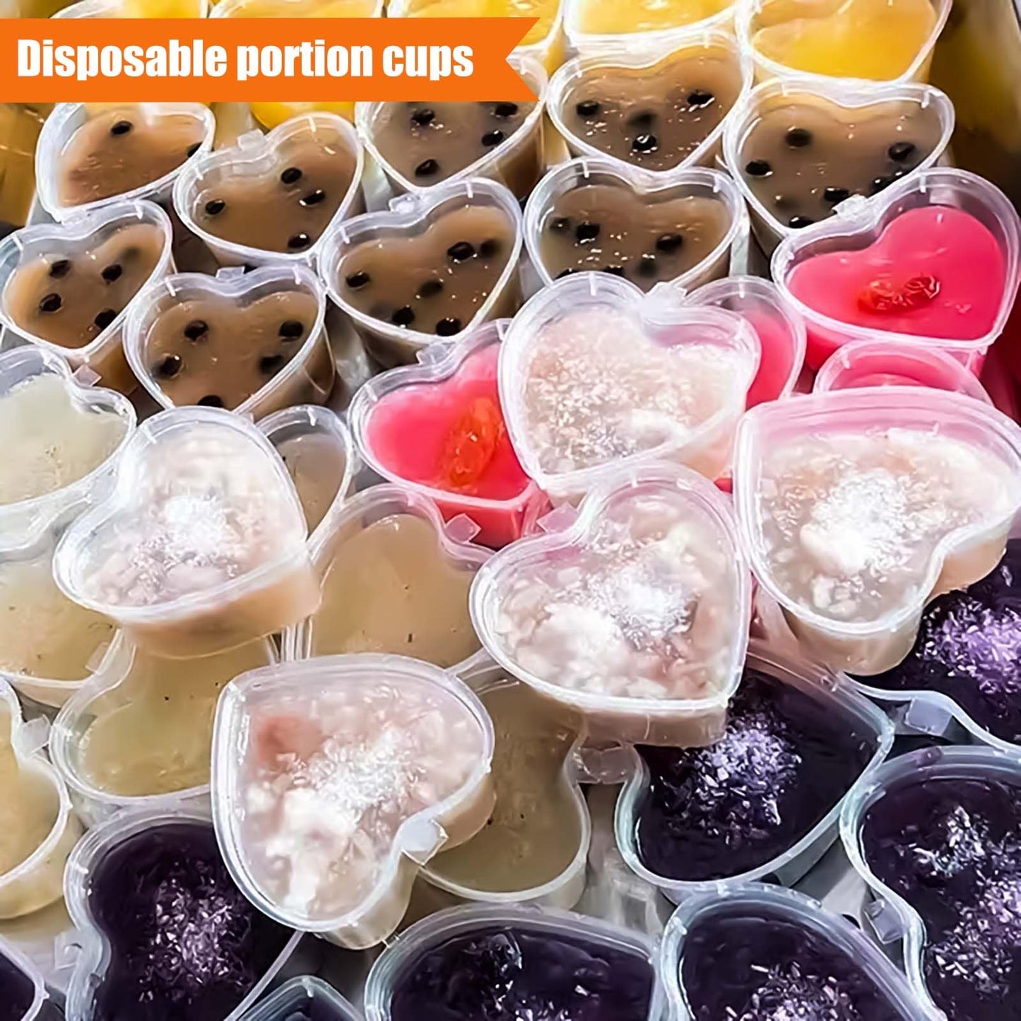 WXOIEOD 50 Sets 2/3 oz Heart Shaped Jello Shot Cups with Lids, Small Condiment Containers, Disposable Portion Cups, Plastic Souffle Cup, Mini Sample Tasting Cups, Dipping Sauce Cup To Go Bowls, Clear