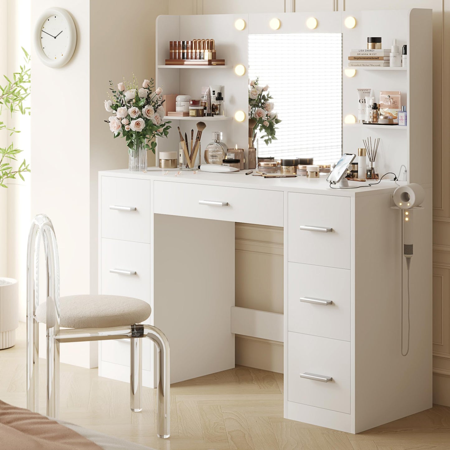YESHOMY Vanity Desk with Mirror, Power Outlet and 10 Lights, Makeup Table with 7 Drawers, 3 Color Modes Available for Bedroom, Pure White
