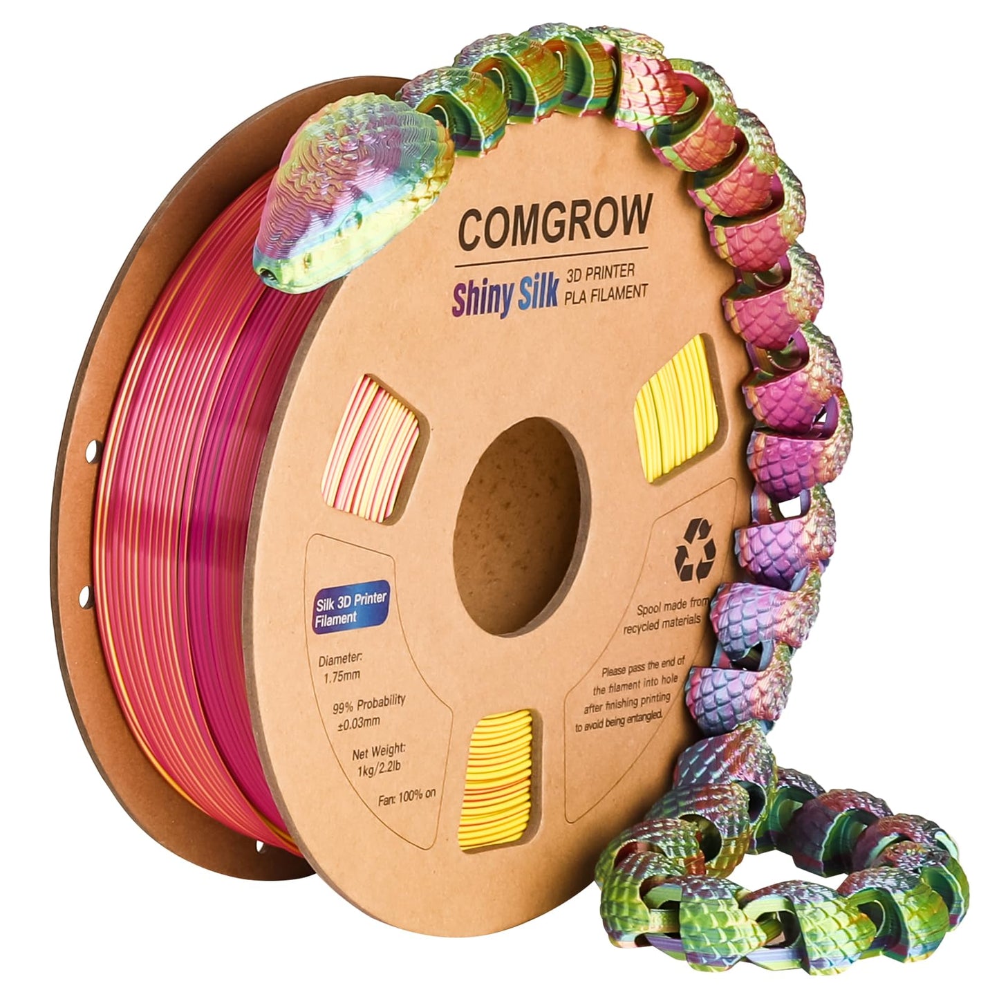 Comgrow Tri-Colors Silk PLA 3D Printer Filament, Rainbow PLA Filament 1.75mm, Dimensional Accuracy +/- 0.02 mm, 1KG Spool, Coextrusion 3D Filament with Shiny Silk Red-Blue-Yellow