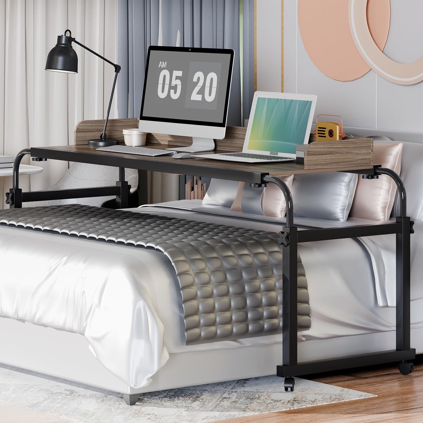 Rodiuiu Overbed Table with Wheels 40cm Height Adjustable Over Bed Desk King Queen Bed Table Laptop Table with Wheels 120 cm for Bedroom Living Room Home Office