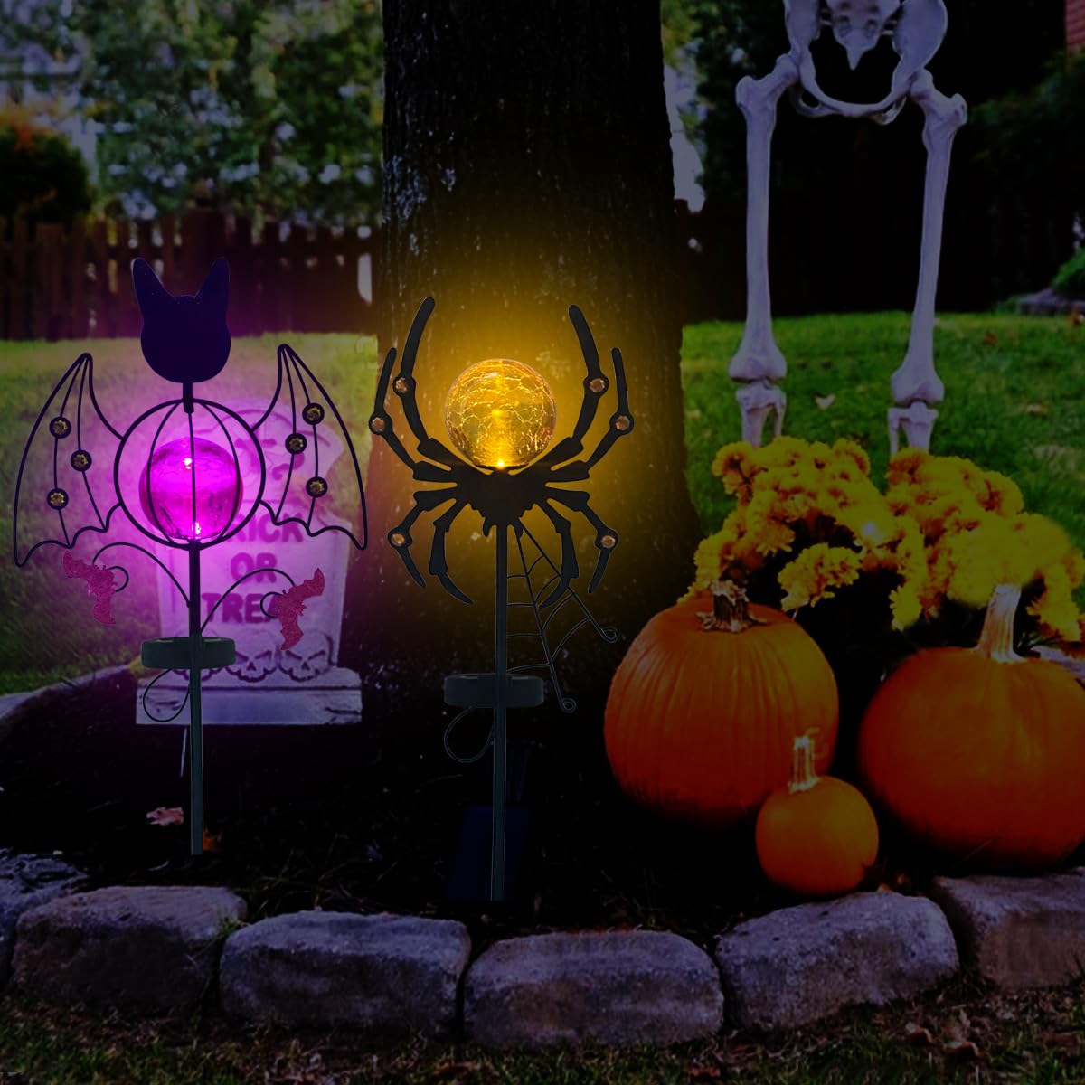 Solar Halloween Yard Decorations, Outdoor Solar Garden Metal Stake Lights, Funny Spider & Bat Stake with Crackle Glass Ball LED Lights Halloween Outdoor Decorations, Set of 2