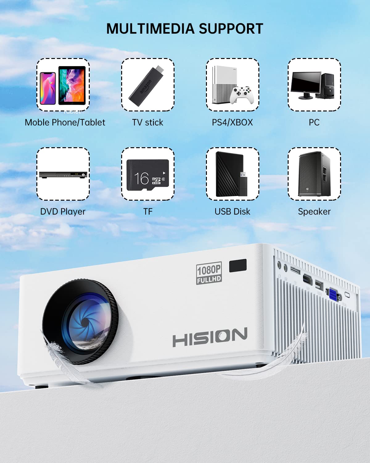 Mini Projector Native 1080P Outdoor Movie Projector, HISION 8000L Portable Home Theater 4K Support Video Projector Compatible with TV Stick, HDMI, VGA, USB, Laptop, DVD, iOS & Android Smartphone