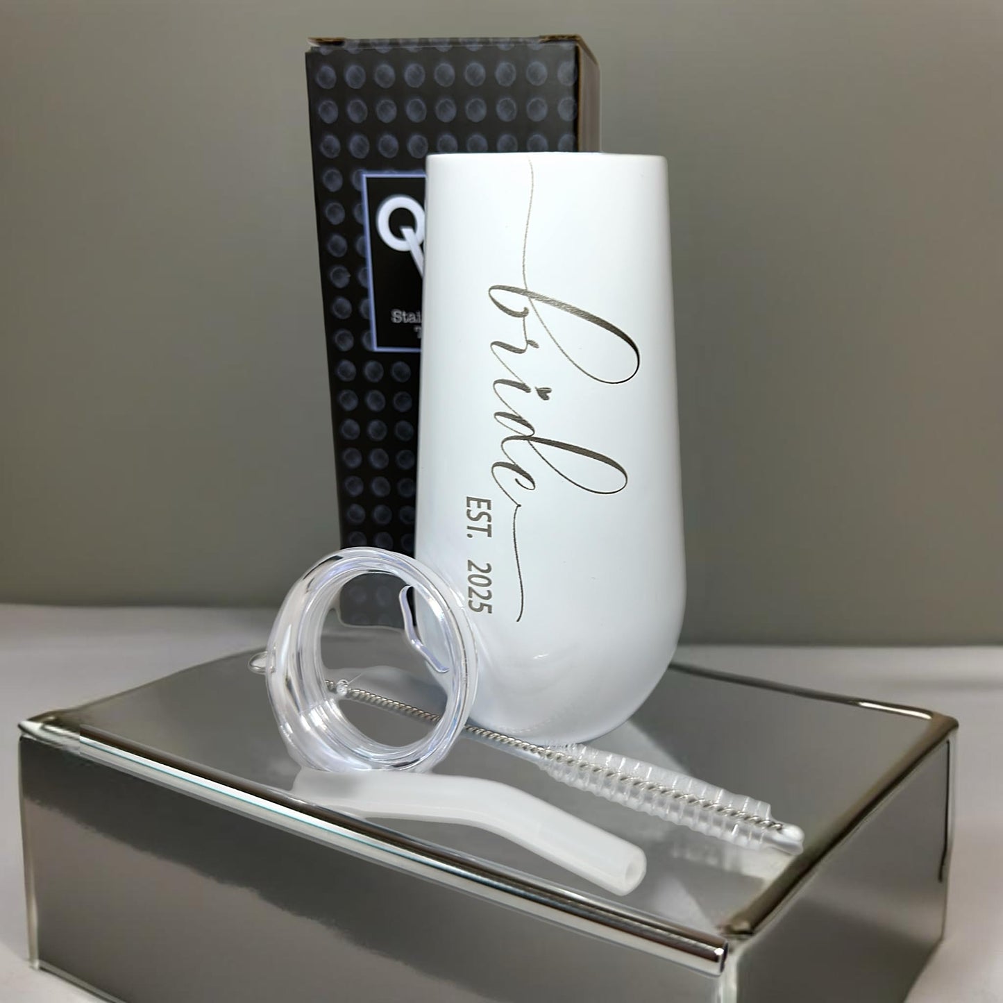 QualityVibe Wedding Gift Bride & Groom EST. 2025 Tiny Champagne Flute Tumblers 6 oz, Couples Gift for Bride & Groom, Bride to Be Gift, Present for Newlyweds