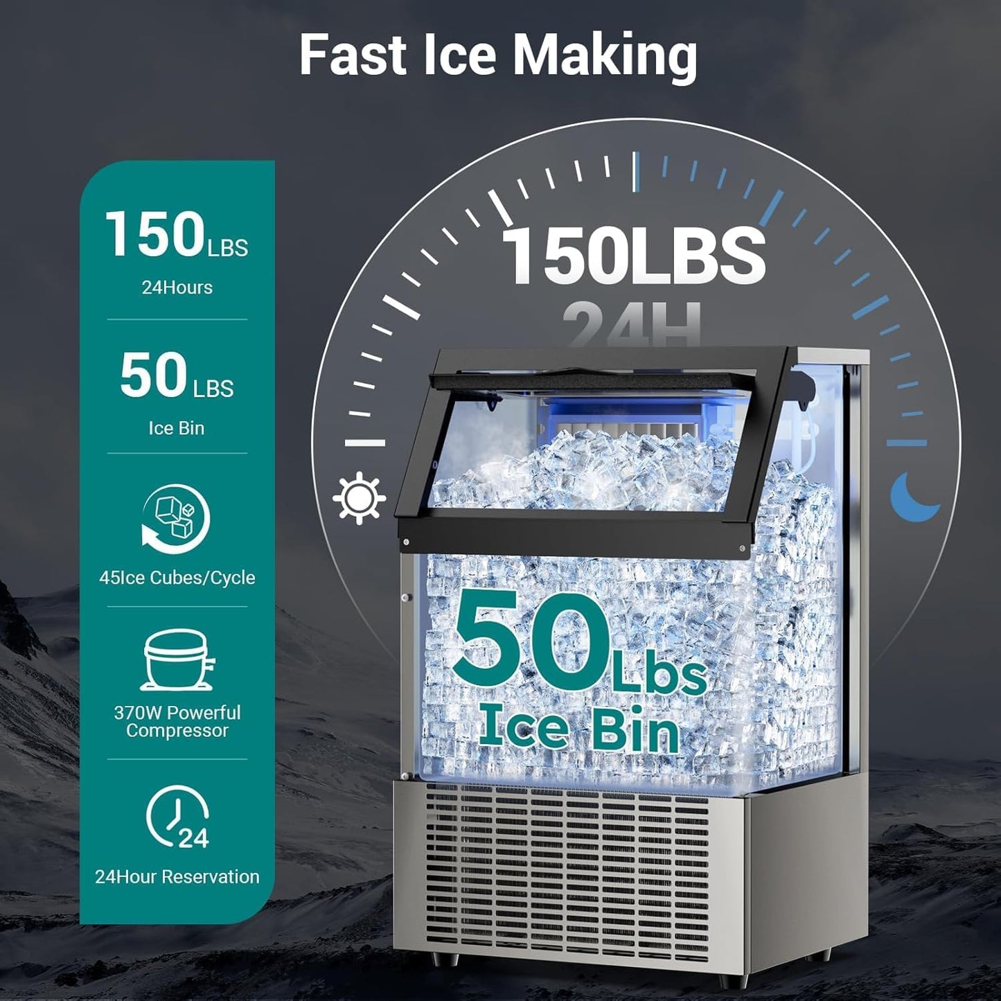 ETL Approval Commercial Ice Maker Machine 150 Lbs/24H Stainless Steel, with 50Lbs Storage Bin, Under Counter or Freestanding Ice Maker, 45 Ice Cubes in 8-15 Minutes for Home & Commercial