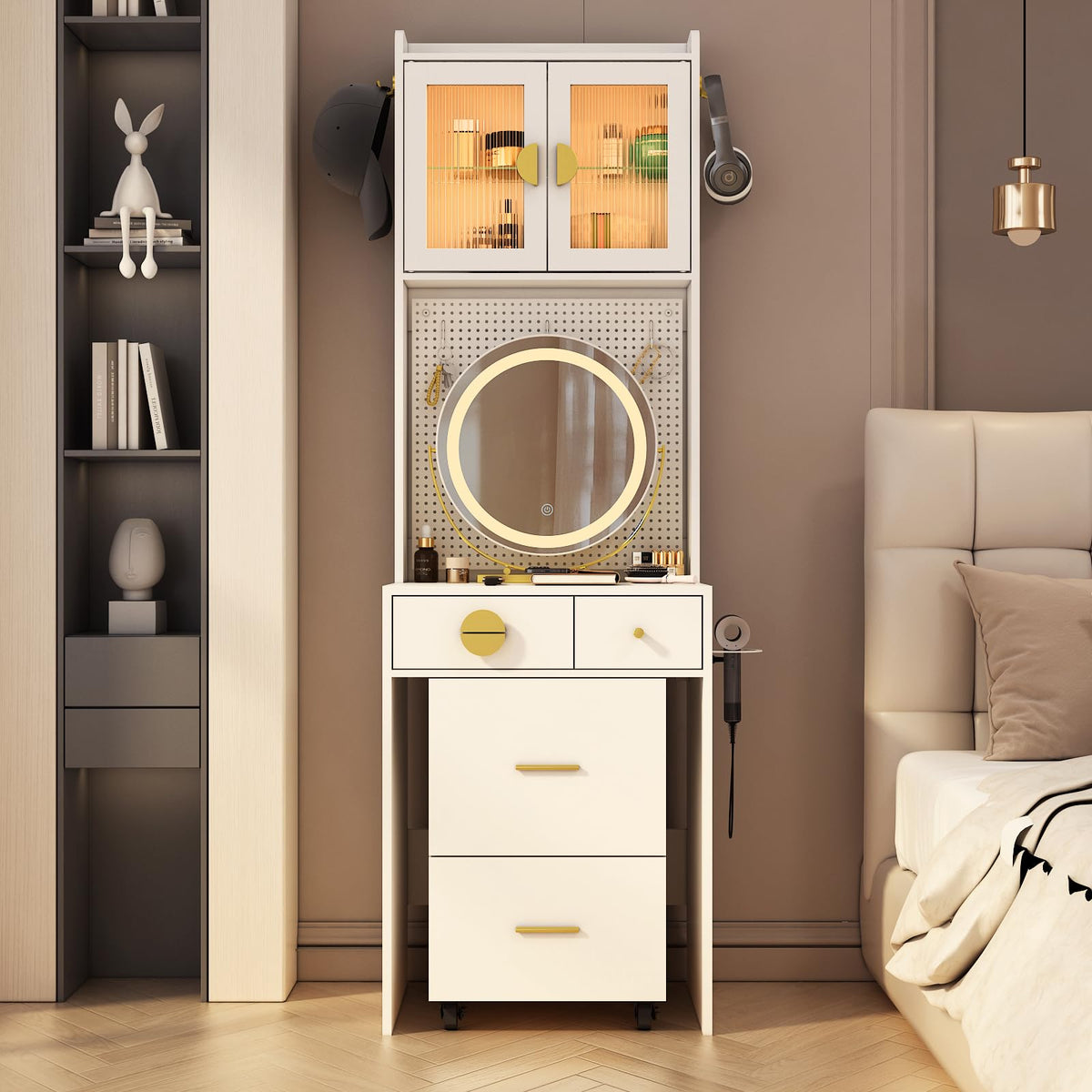 Karl home Small Makeup Vanity Desk with Mirror and Lights, Makeup Table with Charging Station & DIY Pegboards for Small Space, Compact Mini Vanity Set with Hidden Storage Stool for Bedroom, White