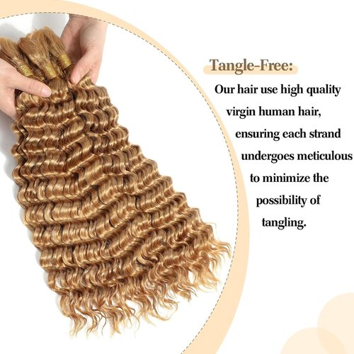 Fabimiya Deep Curly Braiding Human Hair 100g 22 Inch Color 27 Honey Blonde Deep Water Wave Bulk Human Hair for Braiding 10A No Weft Brazilian Virgin Deep Curly Human Hair Extensions for Boho Braids