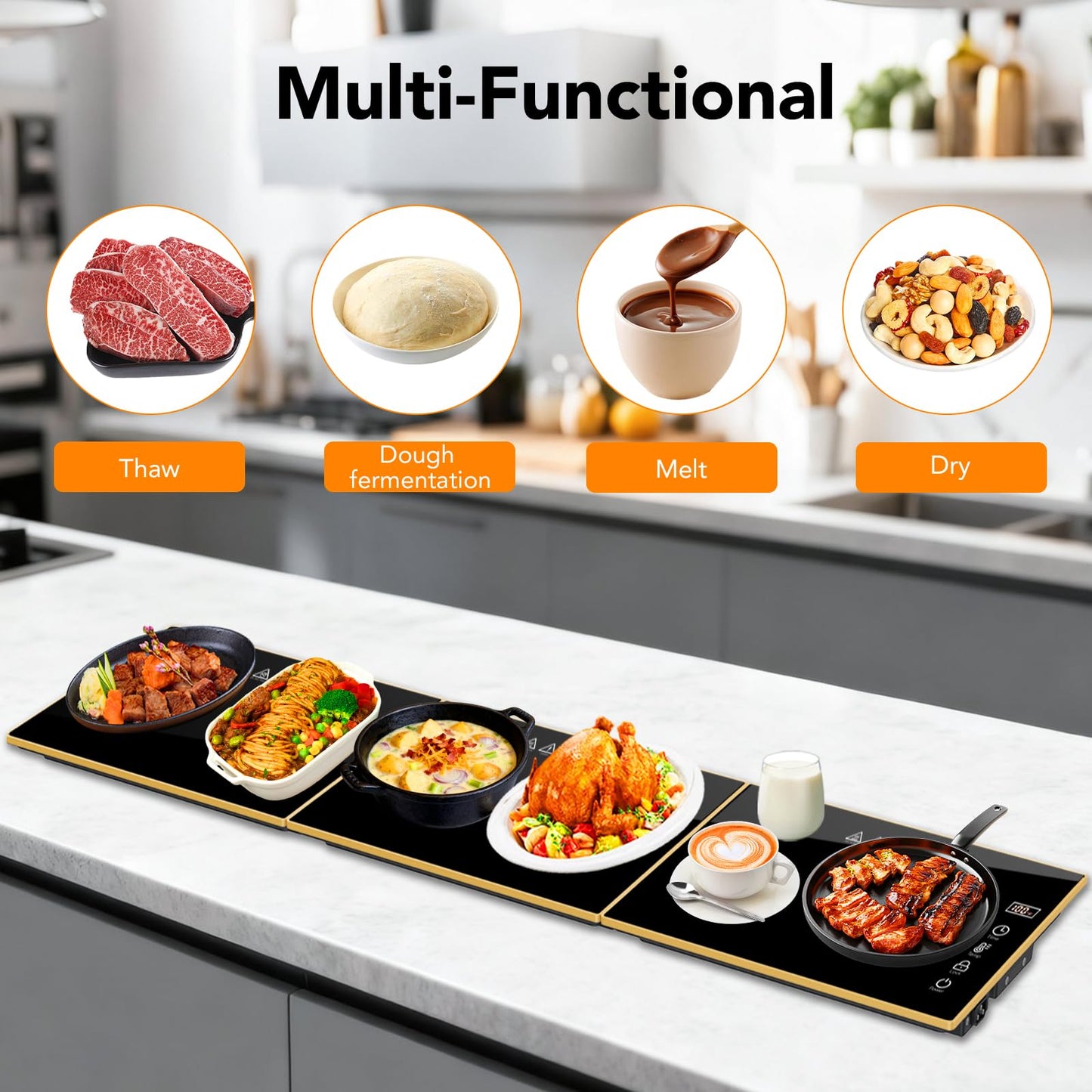 Electric Warming Tray, Extra-Long 47.24'' x 11.81'' Glass Surface, 3-in-1 Warming Mat for Food, with 7 Temperature + 8-Hour Timer Settings, Modular Food Warmers for Parties Buffet for Catering