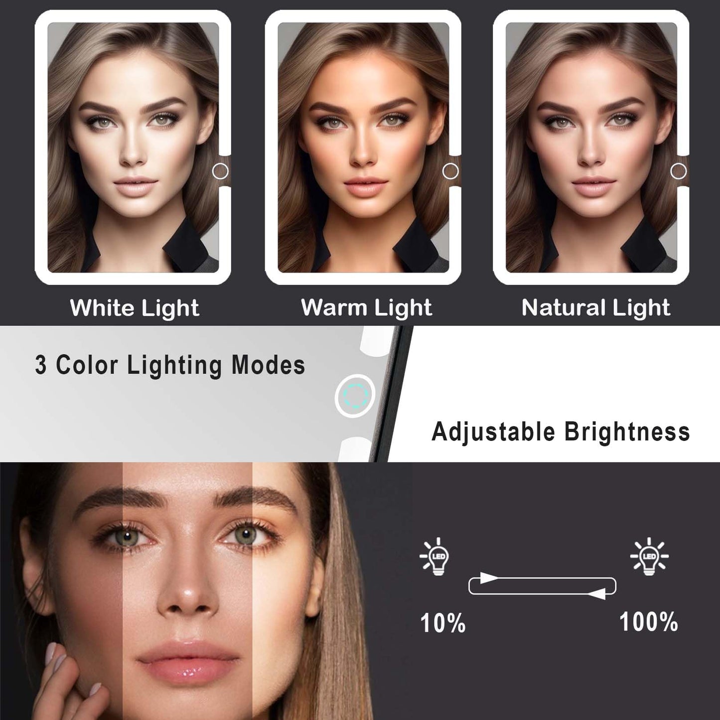 Travel Makeup Mirror with Lights, Rechargeable Portable Lighted Mirror, 3 Color Light Dimmable Touch Screen, 1X Light up Vanity
