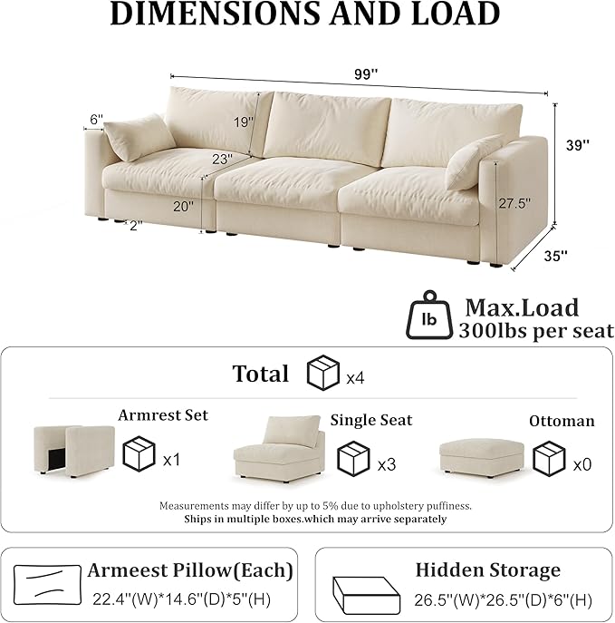 Cloud Modular Sectional Sofa Couch, 99" Oversized Sectional Couches for Living Room, Cloud Modular I-Shaped Sofa with Chaise, 3 Seater, Chenille, Beige