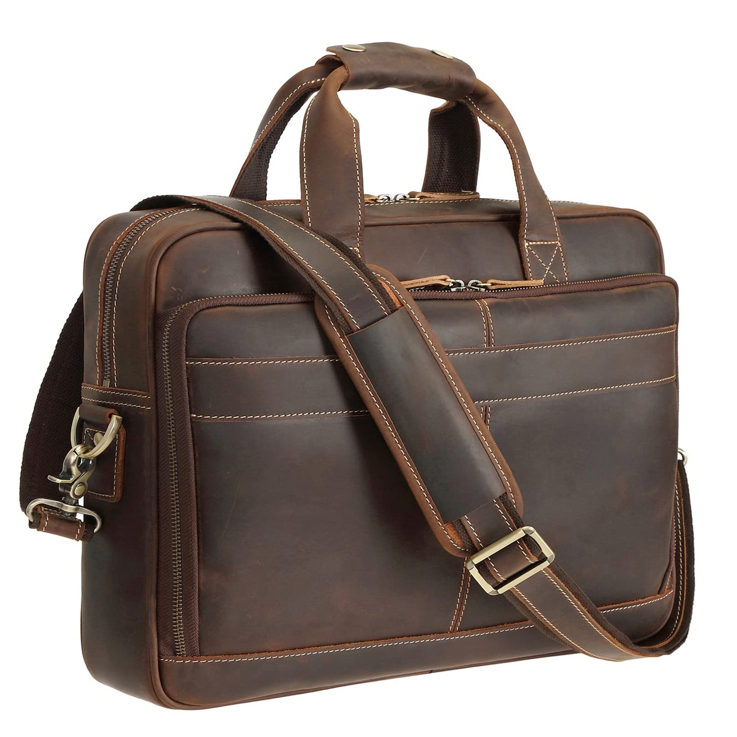 Polare Full Grain Leather 16.5'' Laptop Bag Briefcase for Men Business Messenger Work Bag Fits 15.6'' Laptop (Dark Brown)