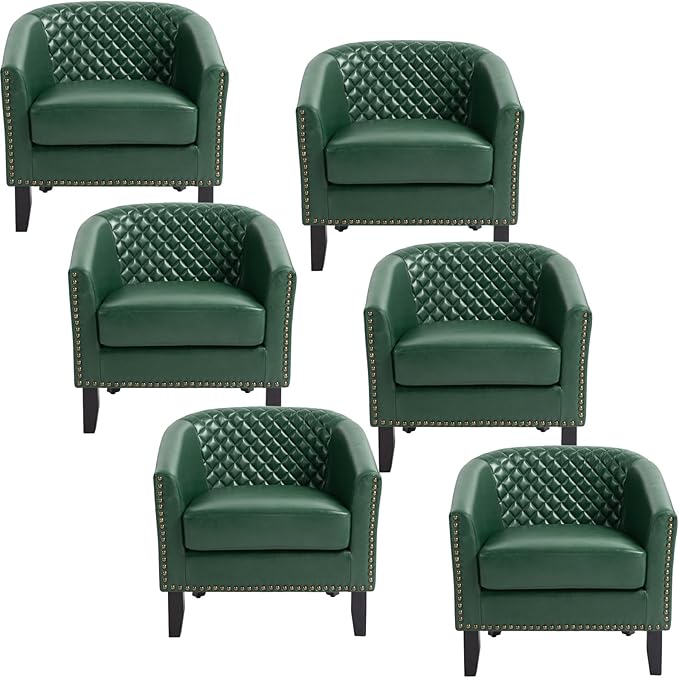 UIXE Faux Leather Barrel Accent Chairs Set of 6, Modern Club Upholstered Arm Chair, Comfy Armchair Nailed Trim Living Room Single Sofa Reading Seat Bedroom Side Sitting for Office, Green