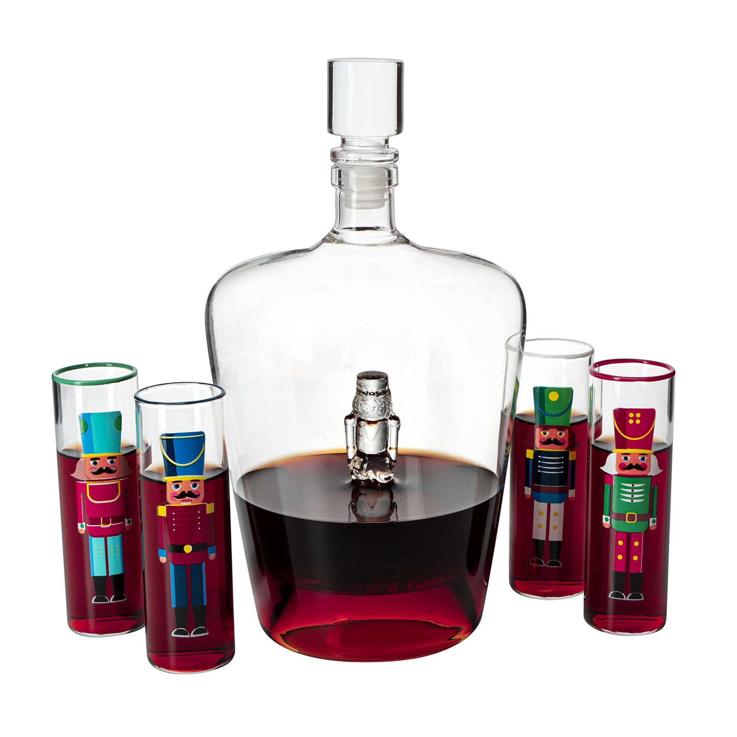 Nutcracker Decanter & Glasses, Set of 5 - Glassware Nutcrackers Theme & Shot Glass, Wine & Spirits - 40oz Bottle & 2oz - Holiday Spirit & Cheer Decor, Festive Themed Winter, Xmas Decorations