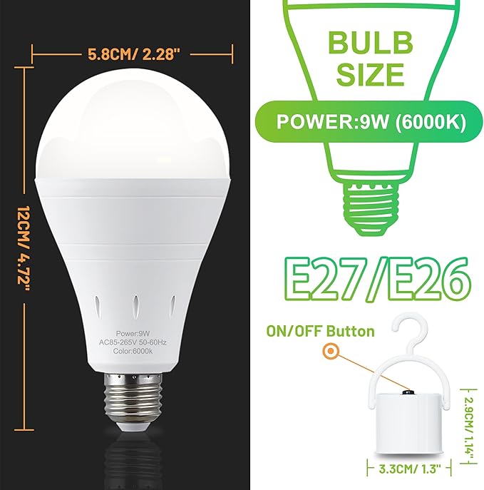6 Pack Rechargeable Emergency Light Bulbs, Battery Powered Energy Efficient LED Light Bulb 6000K Daylight E26 120 Volt 9W 60W Equivalent with 1200mAh for Home Power Outage Camping Hurricane
