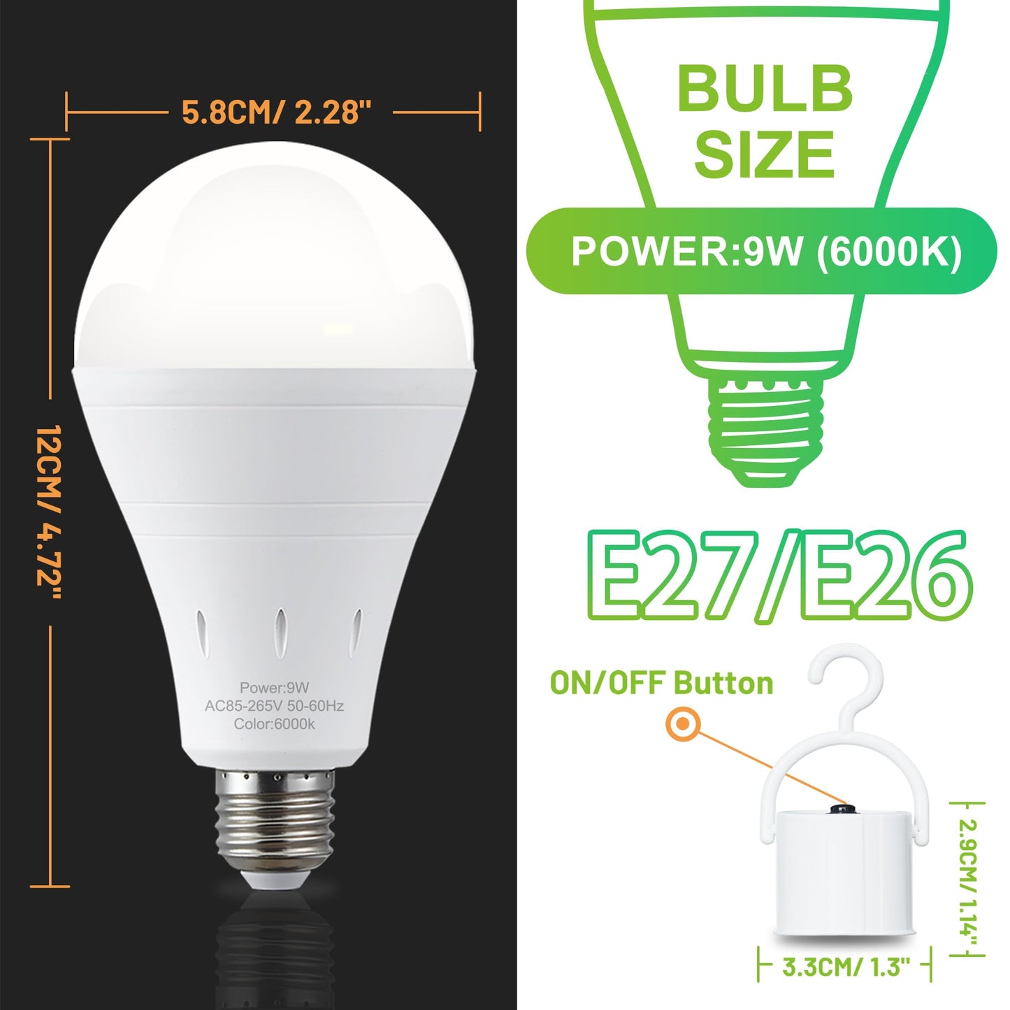 DEBAOBULB 6 Pack Rechargeable Emergency Light Bulbs, Battery Powered LED Light Bulb 6000K Daylight E26 120 Volt 9W 60W Equivalent with 1200mAh for Home Power Outage Camping Hurricane