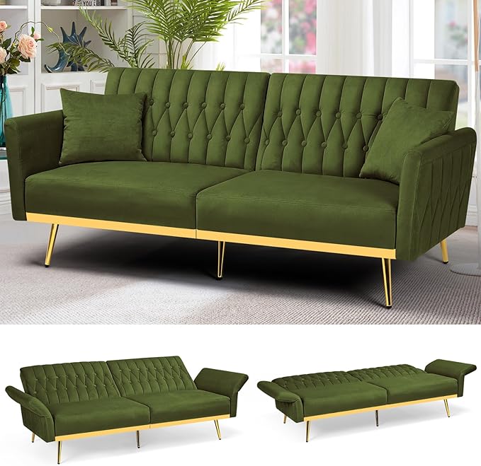 ACMEASE 70” Velvet Futon Sofa Bed w/Adjustable Armrests & 2 Pillows, Convertible Futon Couch w/Adjustable Backrests, Modern Sleeper Bed for Living Room, Bedroom, Olive Green