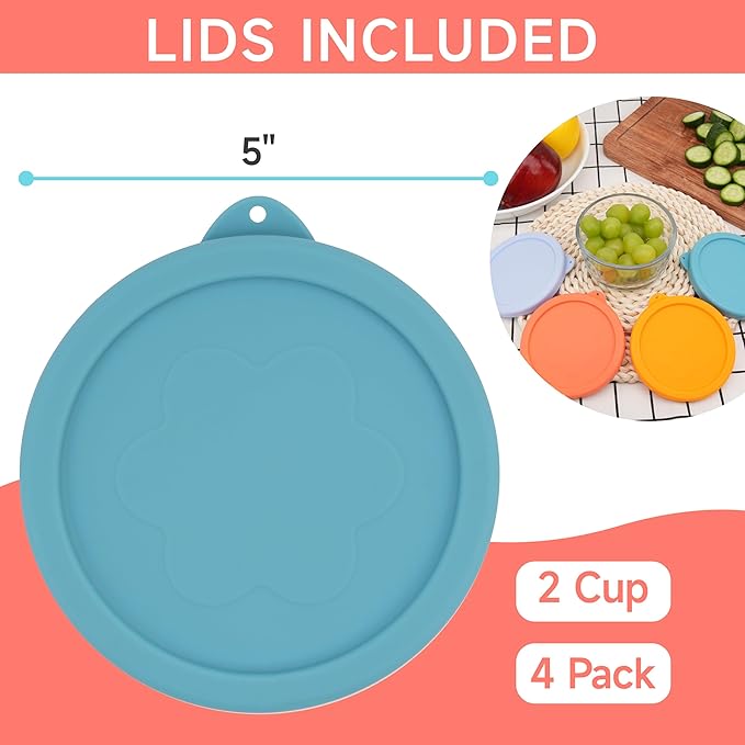 2 Cup Silicone Replacement Lids Storage Cover for Anchor Hocking Glass Bowls (Container not Included) 4 Pack Microwave, Dishwasher and Freezer Safe
