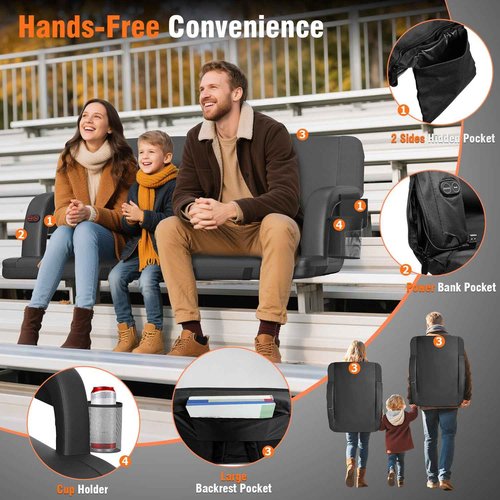 Suteck Dual-Sided Heated Stadium Seats for Bleachers with Back Support, 25" Portable Heated Bleacher Seat with Backrest, 3 Heat Levels, 5 Pockets – Ideal for Outdoor Stadiums and Events - Black
