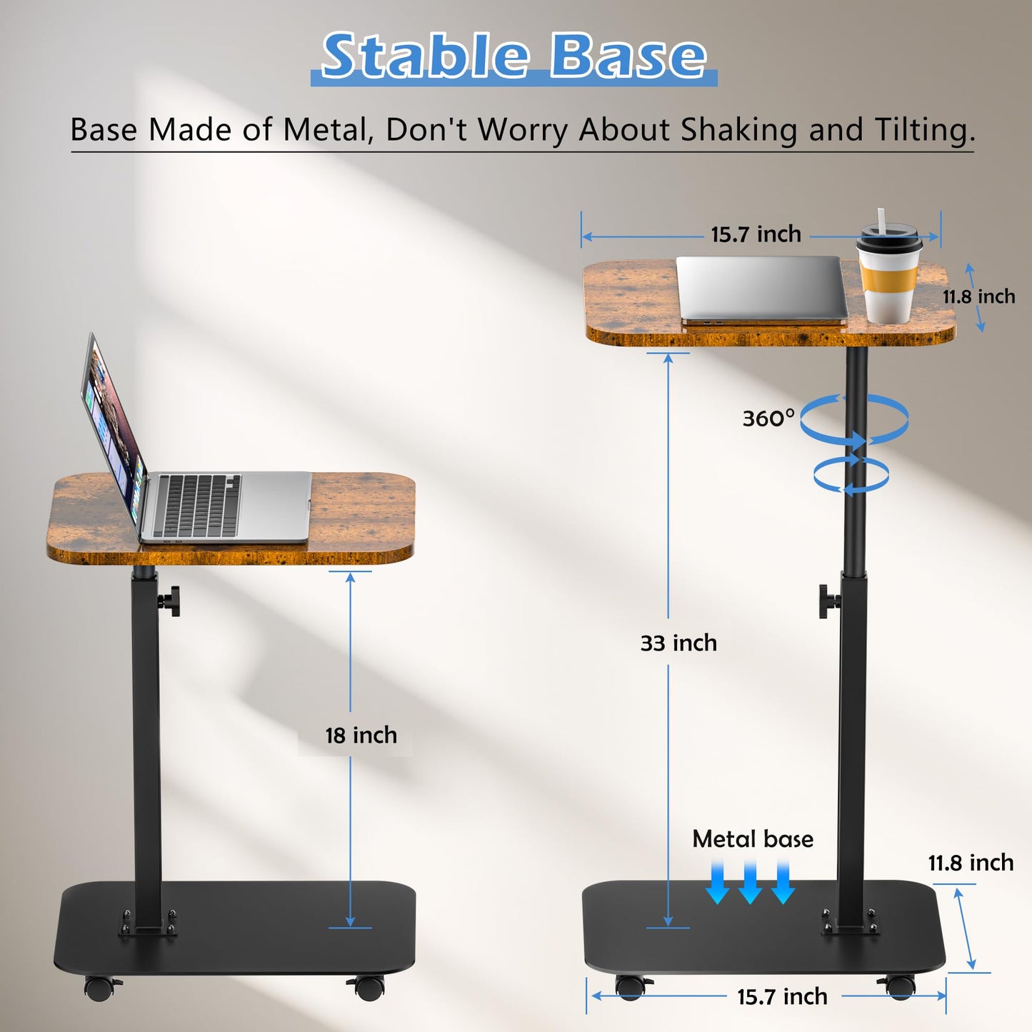 TV Tray Table Heavy Metal Base with Wheel Swivel/Adjustable Height Couch Table, Sofa Arm End Side Table for Living Room and Bedroom, Bed or Small Spaces