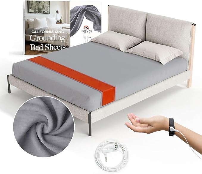 Tier One Home Fitted Grounding Sheets for Earthing, 5% Silver Fiber + 95% Certified Organic Cotton for Better Sleep and Pain Relief. Deep Pockets. Includes Grounding Wristband & Cords (Cali-King)