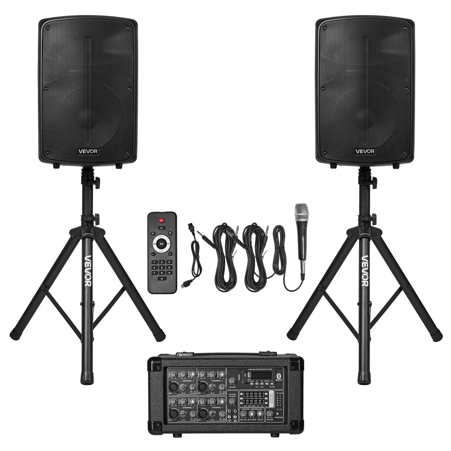 Vevor Portable Pa System With Wireless Microphone & Speakers, 800W Bluetooth Pa System, 6-Channel Mixer, Dual 10 Speakers, Usb/S
