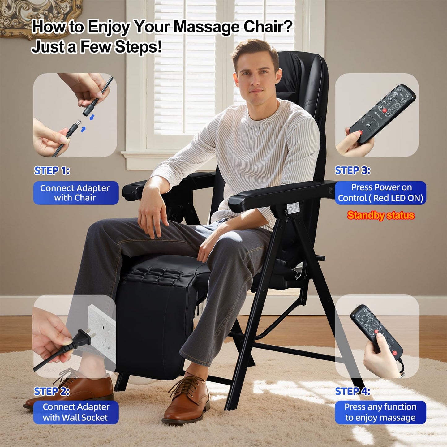 Ezencon Foldable Electric Massage Chair with Heat, Shiatsu, Kneading, Vibration, Full Body Relaxation, Adjustable Backrest & Neck Height,for Dad Mom Women Men