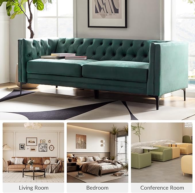 HULALA HOME 84" W Faux Leather Sofa Couch with Metal Legs, Button-Tufted 3-Seater Sofa, Mid Century Modern Contemporary Upholstered Couch for Living Room, Entertainment Area, Apartment,Green