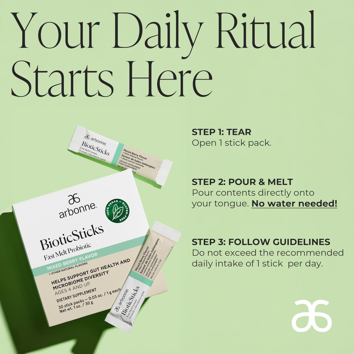 Arbonne BioticSticks Fast Melt Probiotic for Gut Health – Probiotics for Women, Men, and Kids – Gut Health Supplement – Vegan, Gluten-Free, Non-GMO – Mixed Berry Flavor – 30 Stick Packs