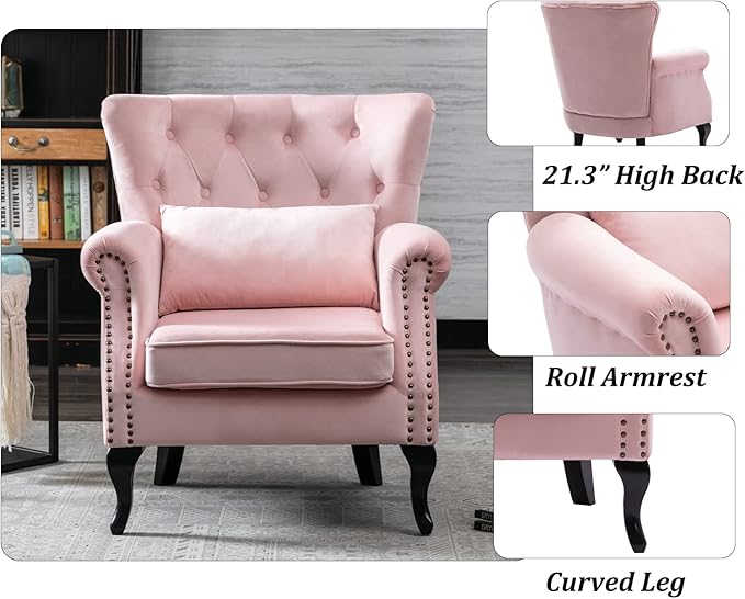 DM Furniture Set of 2 Mid Century Modern Accent Chair for Living Room, Velvet Armchair with Tufted Back and Wood Legs, Upholstered Lounge Armchair Single Sofa for Bedroom, Light Pink