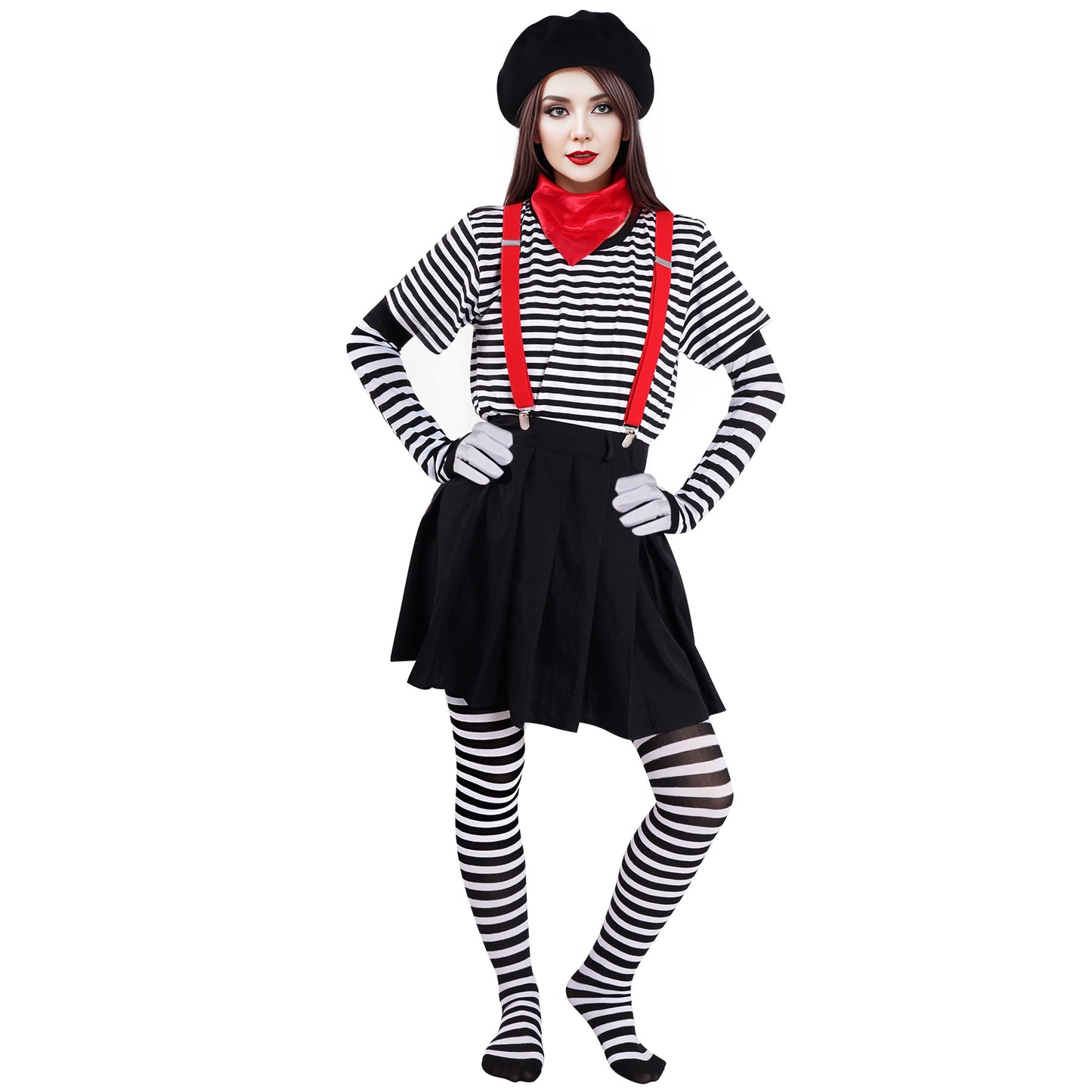 mifengda 6Pack Women Mime Artist Costume Accessories Girl French Mime Costume Halloween Outfit with Beret Gloves Suspender Scarf Socks for Halloween Dress Up Costume