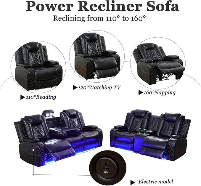A Ainehome Luxury Furniture Sets Power Recliner Sofa Set Recliner Leather Sofas Loveseat Chair for Living Room Furniture/Small Space/Rv/House/Office/Theater Seating (F-Black,Sofa+Loveseat)