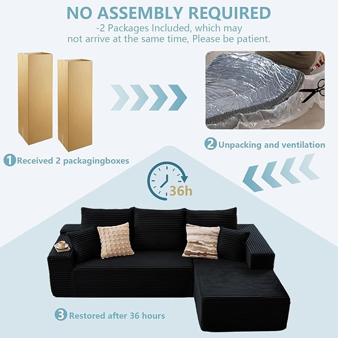 107" W Cloud Sectional Couch with L-Shape Chaise, Modern Corduroy Boneless Couch for Living Room,Memory Foam Sofa with Deep Seat,No Assembly Required (Black,Right-Facing Chaise)