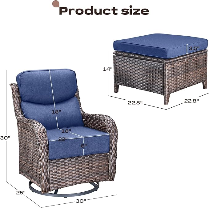 Rilyson Outdoor Patio Furniture Set - Weather Resistant Wicker,High Back,6 inch Cushions,4 Piece Patio Furniture Set with Swivel Rocker Chairs and Ottomans for Deck Porch Yard,Brown/Blue