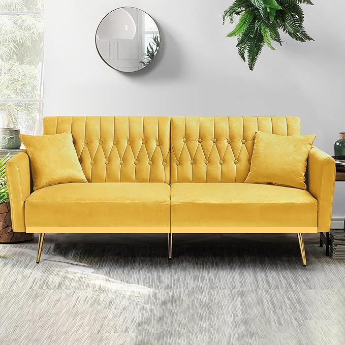 ACMEASE 70” Velvet Futon Sofa Bed w/Adjustable Armrests & 2 Pillows, Convertible Futon Couch w/Adjustable Backrests, Modern Sleeper Bed for Living Room, Bedroom, Yellow