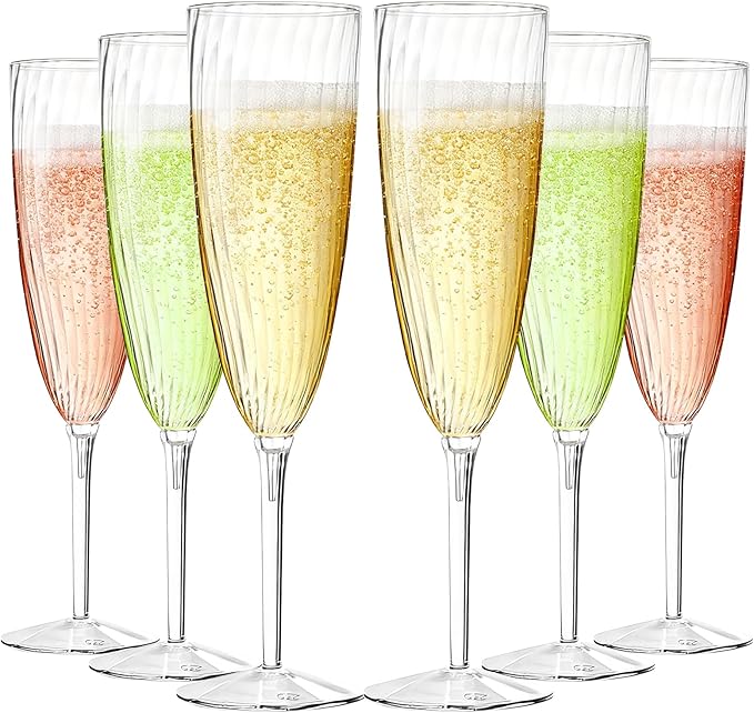 GuanQiao 16 Pack Clear Champagne Flutes, 6oz Disposable Wine Glasses with Long Stem, Reusable Plastic Cocktail Glasses for...