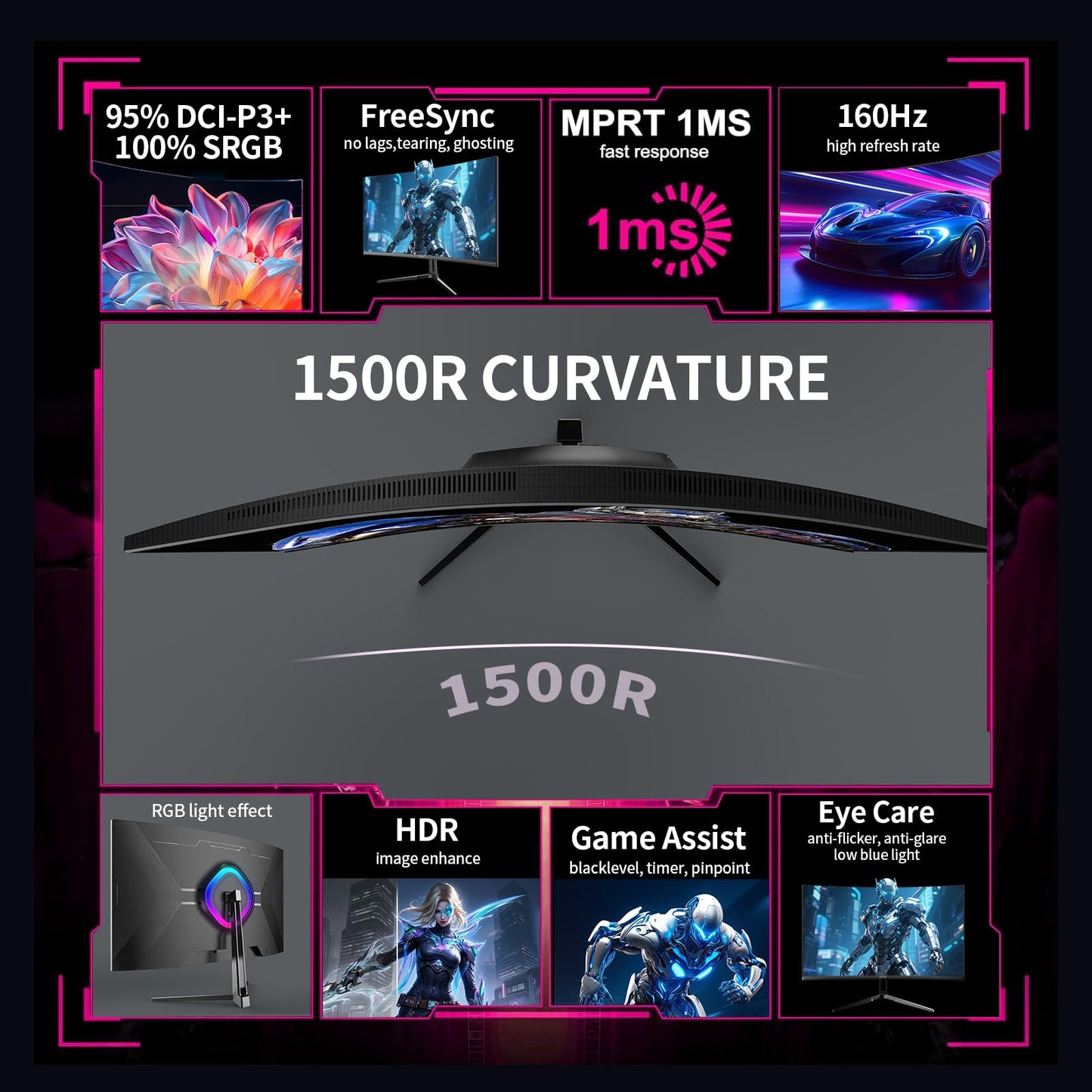 ZZA 32 Inch Curved Gaming Monitor 4K 160HZ Computer Monitor UHD 3840 * 2160P VA Screen, 1500R Curved, Supports AMD Freesync, 100% sRGB, Built-in Wall Mountable Installs(HDMI 2.1/DP 1.4)