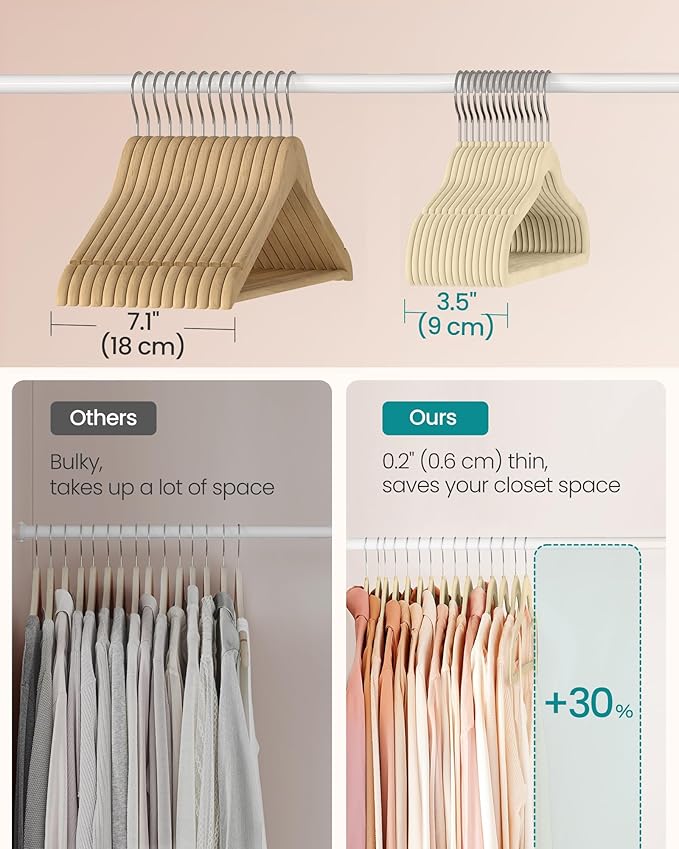 SONGMICS Velvet Hangers 100 Pack, Non-Slip Clothes Hangers with Silver-Colored Swivel Hooks, Slim Space-Saving for Closet, Heavy-Duty, Summer Sand UCRF026LF02S