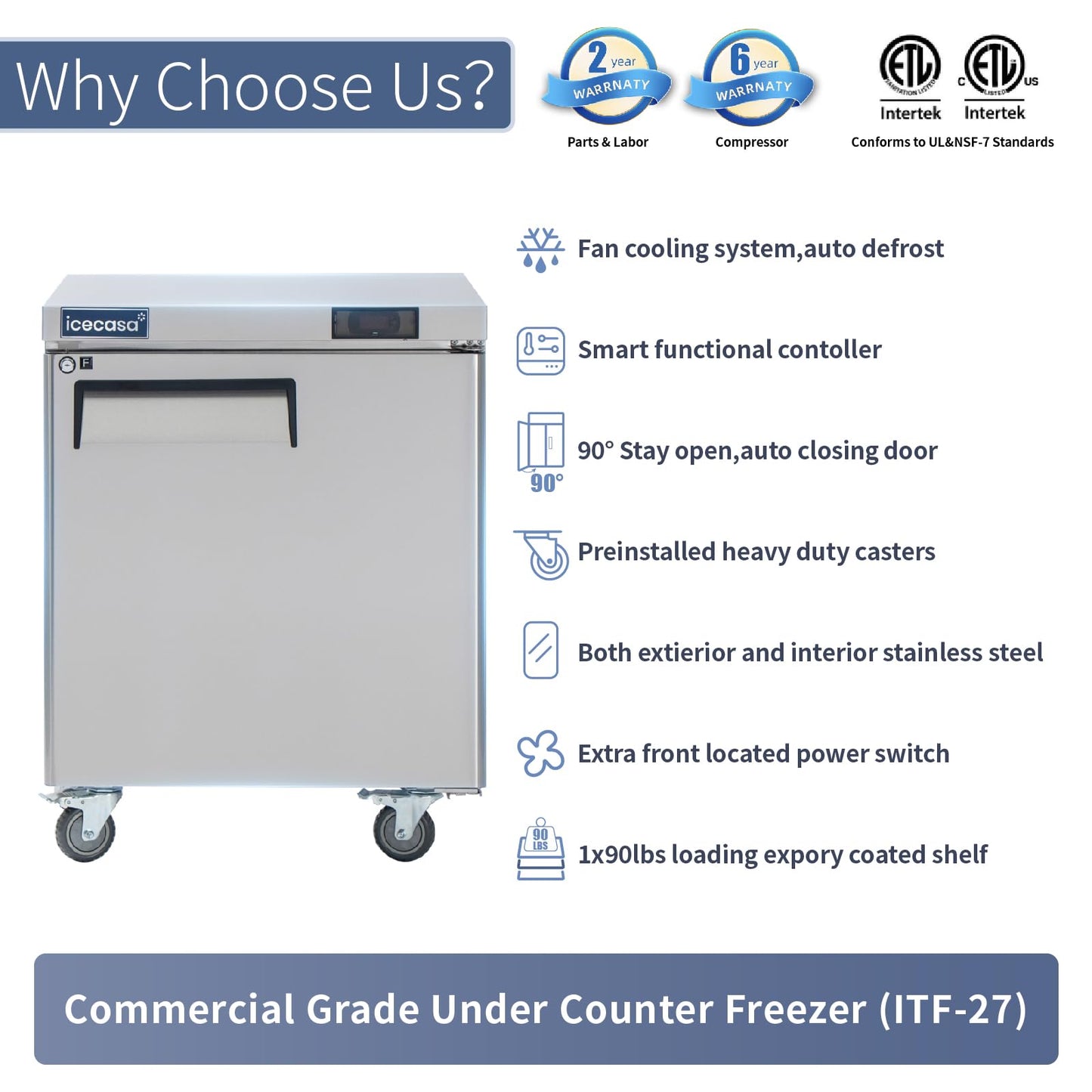 ICECASA 27" W Commercial Freezer Worktop Undercounter Single Door Stainless Steel Counter Fan Cooling Freezer 7 Cu.ft for Restaurant, Bar, Shop, etc
