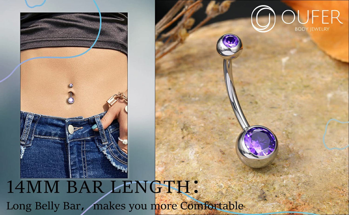 OUFER Titanium Belly Button Rings, Internally Threaded 14mm Long Belly Ring, Round CZ Navel Rings for Women Men (Purple)