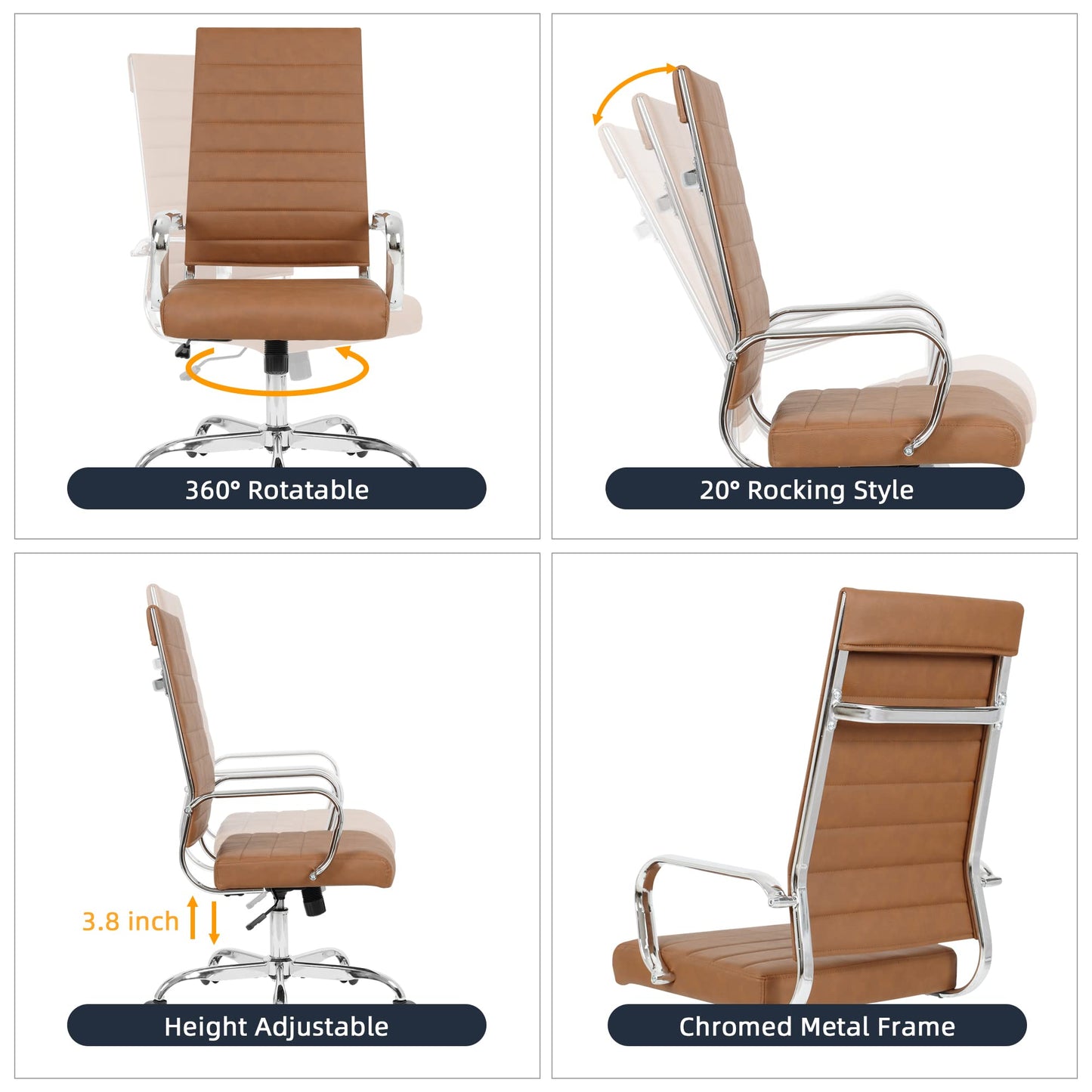 LANDSUN Home Office Chair High Back Executive Chair Ribbed Leather Computer Desk Chair with Armrests Soft Padded Adjustable Height Swivel Modern Conference Chrome Brown