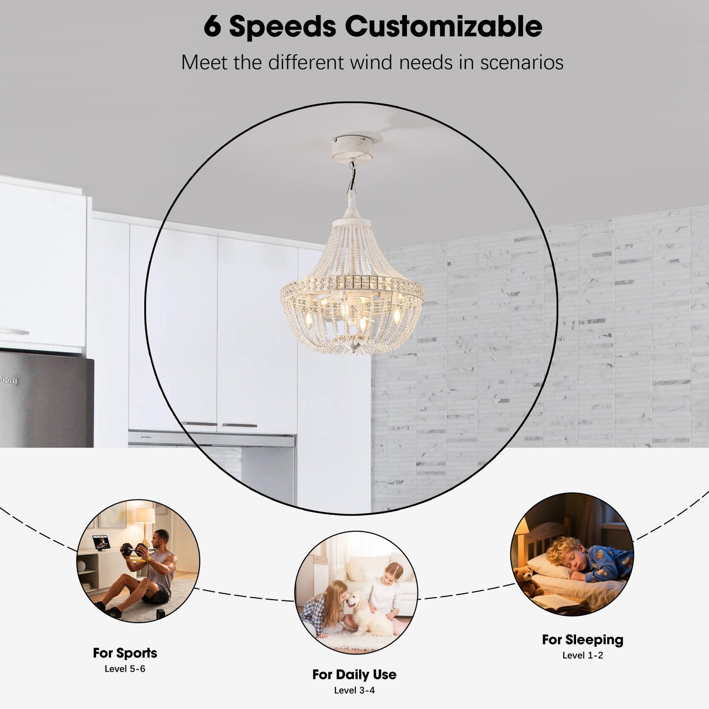 LVYEAYOU 20“ Modern Crystal Chandelier Ceiling Fan with Lights, Remote & App Control, 6 Speed, 8-Lights French Empire Fandelier, for Bedroom, Dining Room (Retro White)
