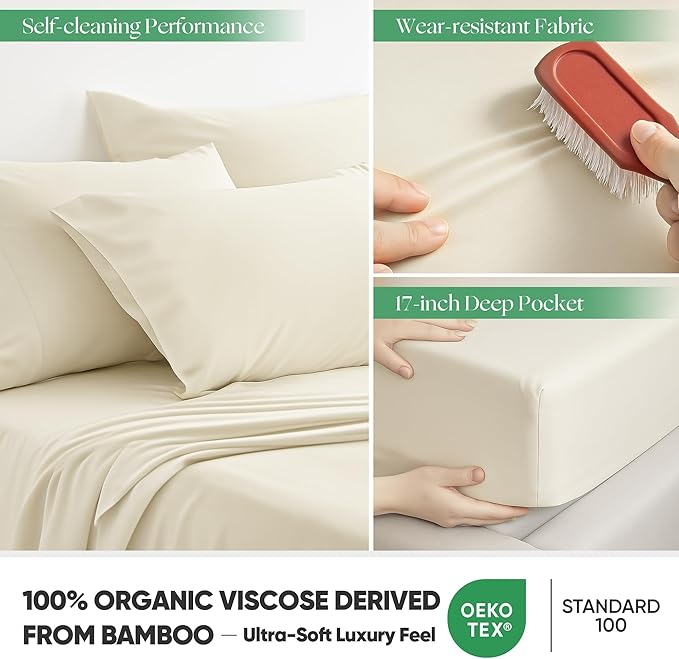 Silver Infused Bed Sheets Set, Temperature-Regulating Fabric with Self-Cleaning Technology for 3X Freshness Sleep, Genuine 100% Organic Viscose Derived from Bamboo (OffWhite, Queen)