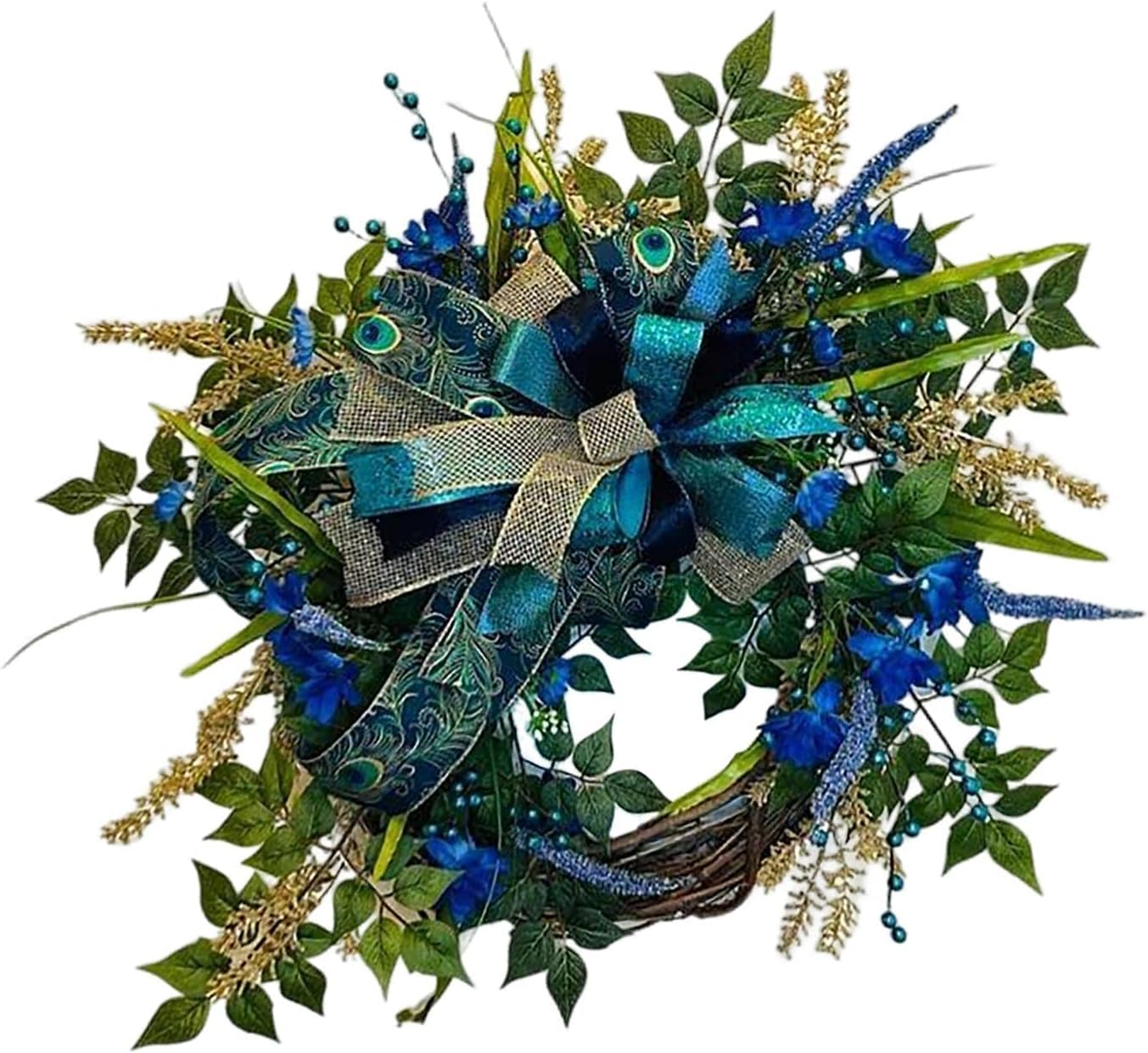 Peacock Wreath Artificial Flower Wreath with Bowknot Festival Hanging Garland Simulation Garland for Xmas Halloween Holiday Door Decor 18inch