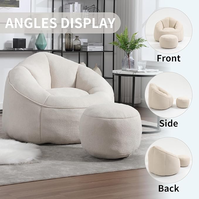 Bean Bag Chairs, Gaint Bean Bag Couch with Memory Foam for Adults and Kids, Microfiber Upholstered Sofa with Ottoman, Comfy Lazy Bean Bag Reading Chair for Living Room