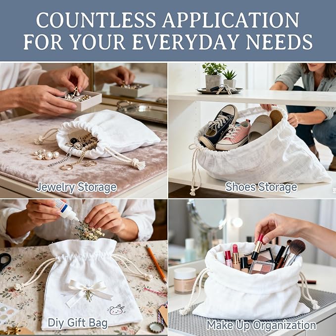 Simple&Opulence 3-Pack 19” x 23” Linen Cotton Drawstring Bags Reusable Grocery Sacks, DIY Craft Sachet Sacks Storage Cloth Bags for Party Wedding Home Bulk Produce Bags, Washable, White