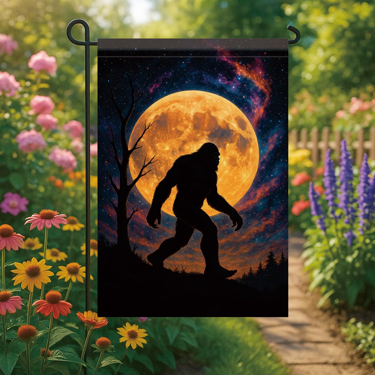 Starlit Patio Halloween Fall Garden Flag Sasquatch Flag 12x18 Inch Double-Sided Full Moon Forest Yard Banner Spooky Outdoor Decor for Porch Lawn Pathway Cryptid Lover Gift