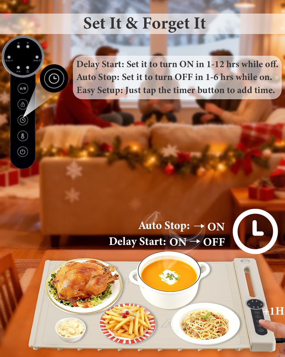KokoSelene Food Warming Mat, Dual-Zone Heating Mat for Food with 7 Temp & Timer, 10s Fast Heat Flexible Silicone Warmer for Home, Parties, Buffet Serving (Cream-1 PCS)
