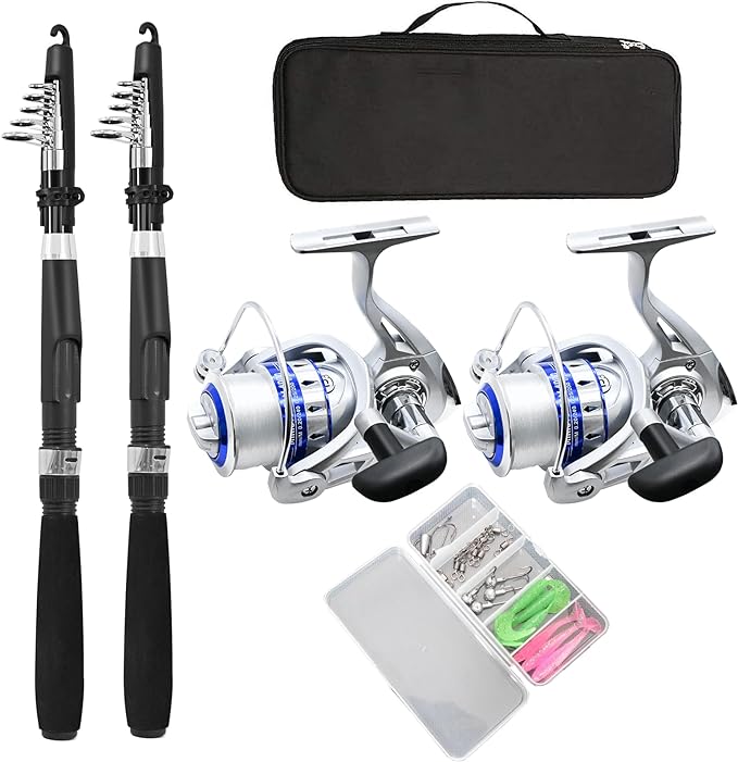 Fishing Pole Combo Set,2.1m/6.89ft 2PCS Collapsible Rods 2PCS Spinning Reels Lures Set Carrier Bag Carbon Fiber Telescopic...