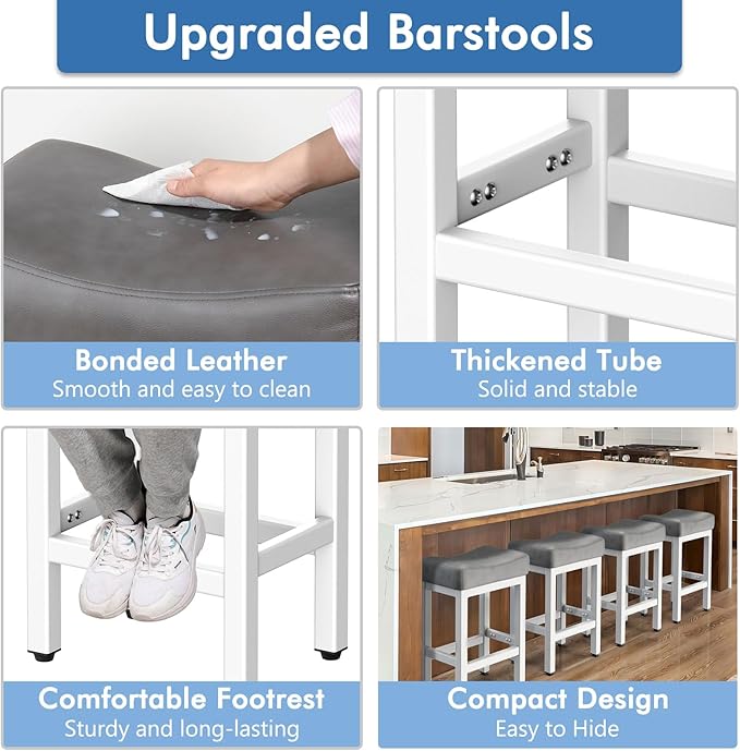 Counter Height Bar Stools Set of 2, 24 Inch Barstools for Kitchen Island Counter, Bonded Leather Kitchen Stools with Thick Saddle Seats & Heavy Duty Metal Base, Easy Assembly, Gray/White