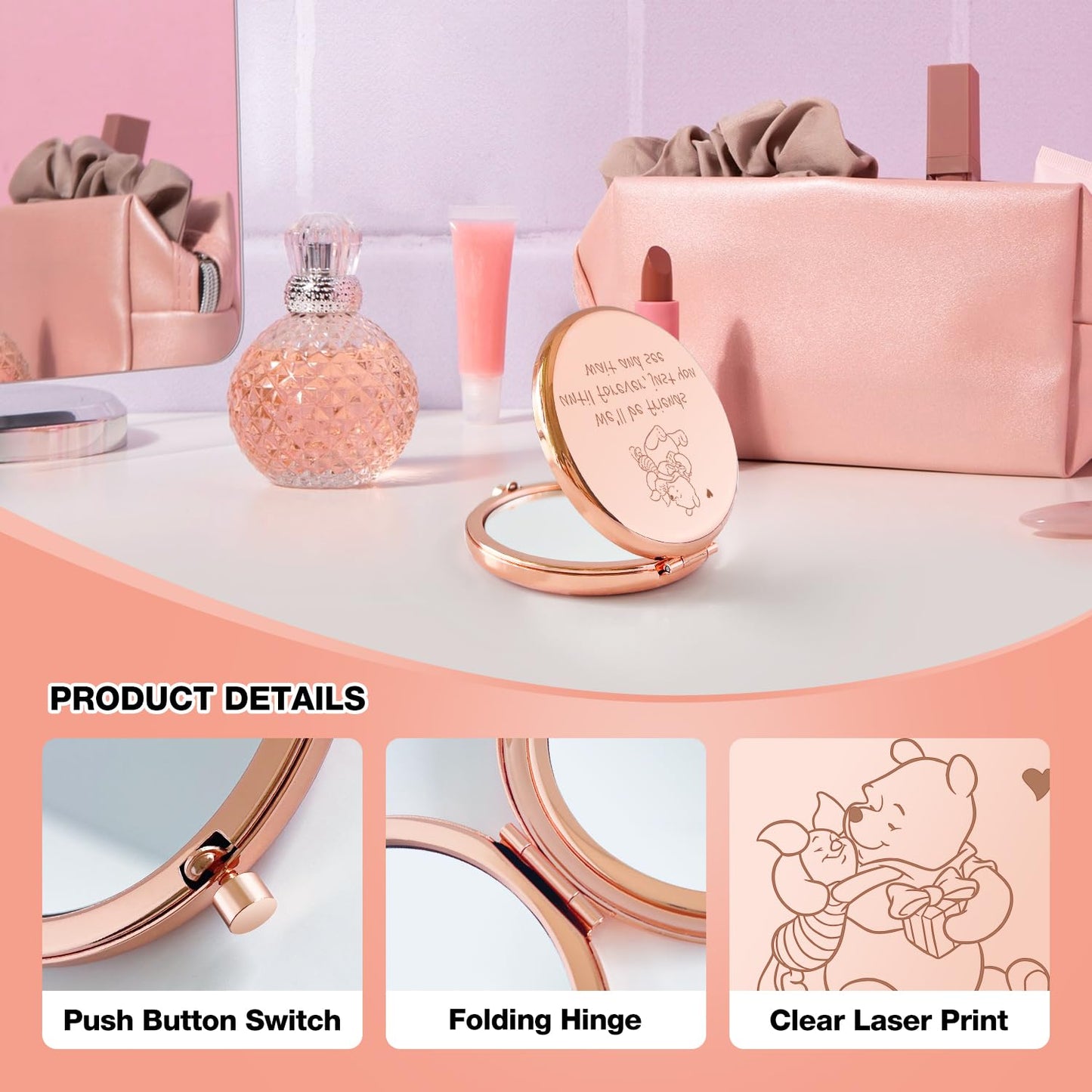 PWHINGN Funny Little Bear We'll be Friends Until Forever Travel Compact Pocket Makeup Mirror, Winnie The Pooh Engraved Compact M